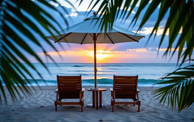 Obraz premium A tranquil beach scene at sunrise with two wooden lounge chairs positioned under a white umbrella.
