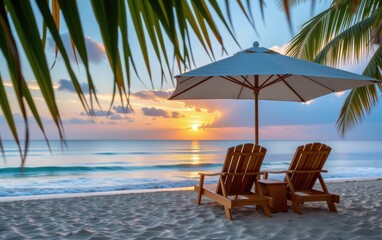 A tranquil beach scene at sunrise with two wooden lounge chairs positioned under a white umbrella.
