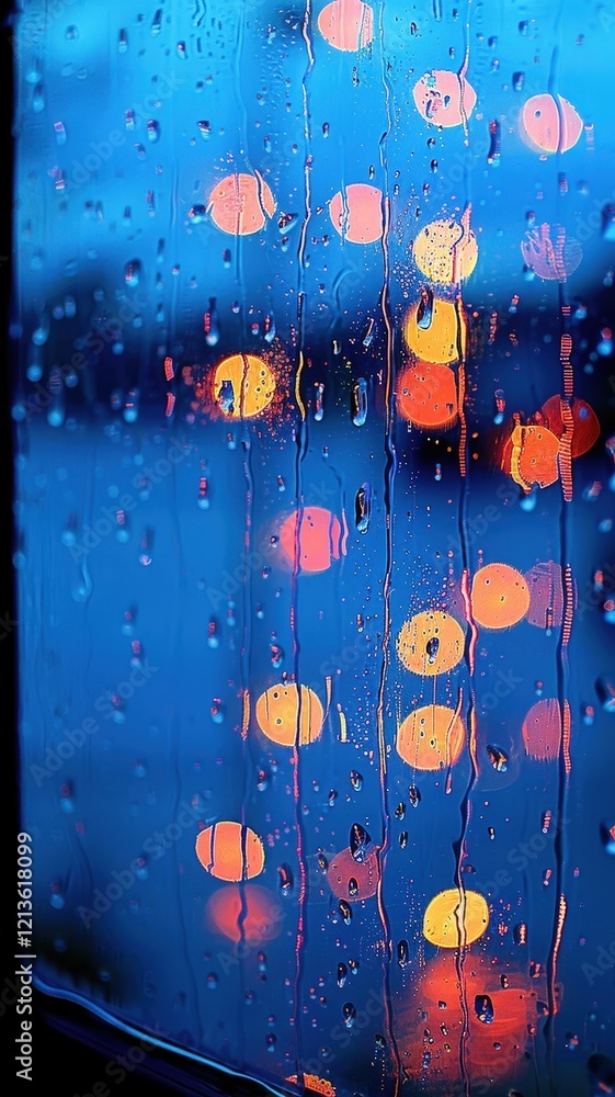 Poster a close-up view of raindrops on a window, with colorful bokeh lights blurred in the background, crea