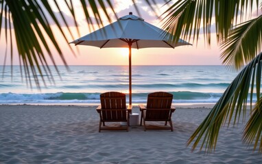 A tranquil beach scene at sunrise with two wooden lounge chairs positioned under a white umbrella.