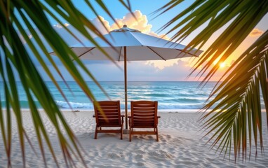 A tranquil beach scene at sunrise with two wooden lounge chairs positioned under a white umbrella.