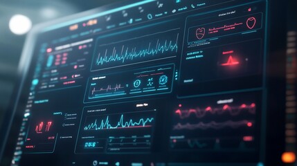Digital health monitoring dashboard display, showing vital signs, in a dark room, for medical technology