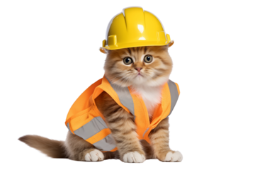 Scottish cat dressed as construction worker, wearing yellow hard hat and orange safety vest, exudes playful and adorable charm