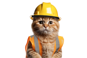 Scottish cat wearing yellow hard hat and orange safety vest looks ready for work with playful yet determined expression, perfect for construction themed projects