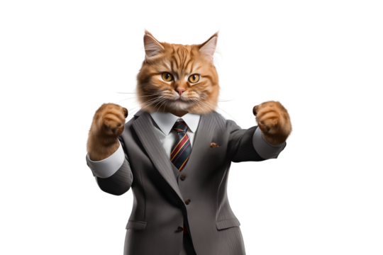 confident cat dressed in suit and tie stands with its fists raised, exuding powerful presence. This unique image combines feline charm with professional look, creating humorous yet striking visual