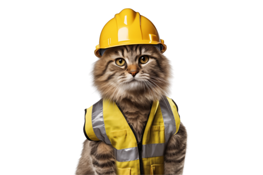 Scottish cat wearing yellow construction helmet and reflective vest poses confidently. Adorable feline showcases playful spirit while embodying construction workers look - Powered by Adobe