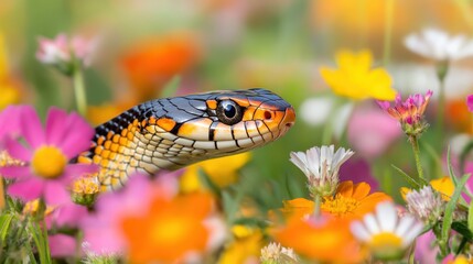 Obraz premium Close-Up of a Colorful Snake Amidst Vibrant Wildflowers, Capturing the Beauty of Nature in a Sunny Meadow Full of Life