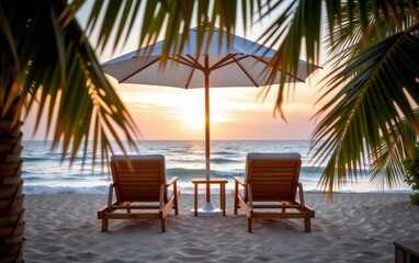 A tranquil beach scene at sunrise with two wooden lounge chairs positioned under a white umbrella.