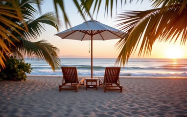 Obraz premium A tranquil beach scene at sunrise with two wooden lounge chairs positioned under a white umbrella.