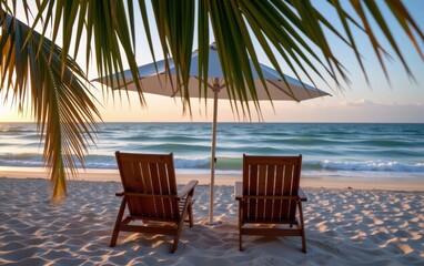 A tranquil beach scene at sunrise with two wooden lounge chairs positioned under a white umbrella.