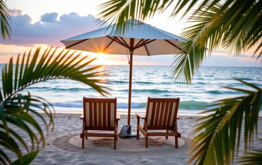 Fototapeta premium A tranquil beach scene at sunrise with two wooden lounge chairs positioned under a white umbrella.