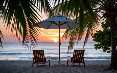 A tranquil beach scene at sunrise with two wooden lounge chairs positioned under a white umbrella.
