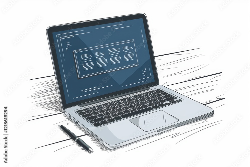 Poster laptop computer screen showing code on wooden desk