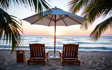 A tranquil beach scene at sunrise with two wooden lounge chairs positioned under a white umbrella.