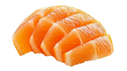 Close-up view of five juicy citrus fruit segments, arranged in a curved row against a bright white background.  The image highligh