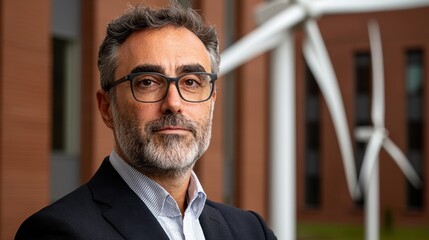Fototapeta premium clean energy wind policy concept. Professional man with glasses stands confidently outdoors near wind turbines and modern building.