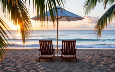A tranquil beach scene at sunrise with two wooden lounge chairs positioned under a white umbrella.