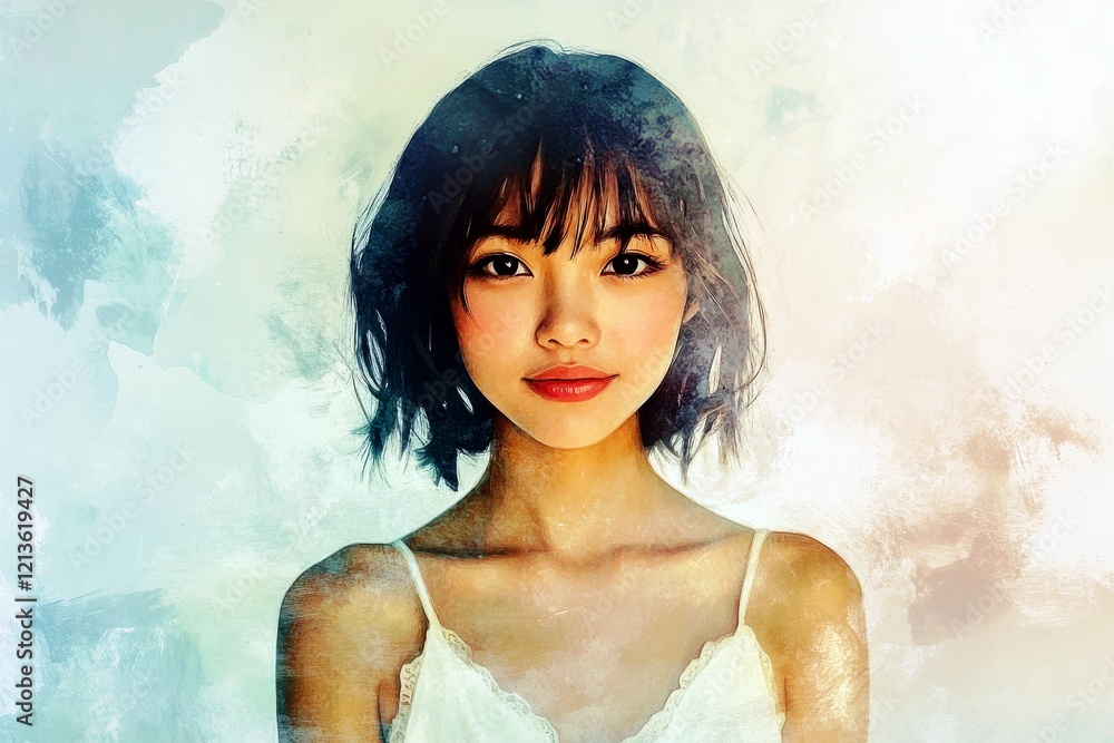 Poster captivating portrait of a young woman with soft features and gentle expression surrounded by a color