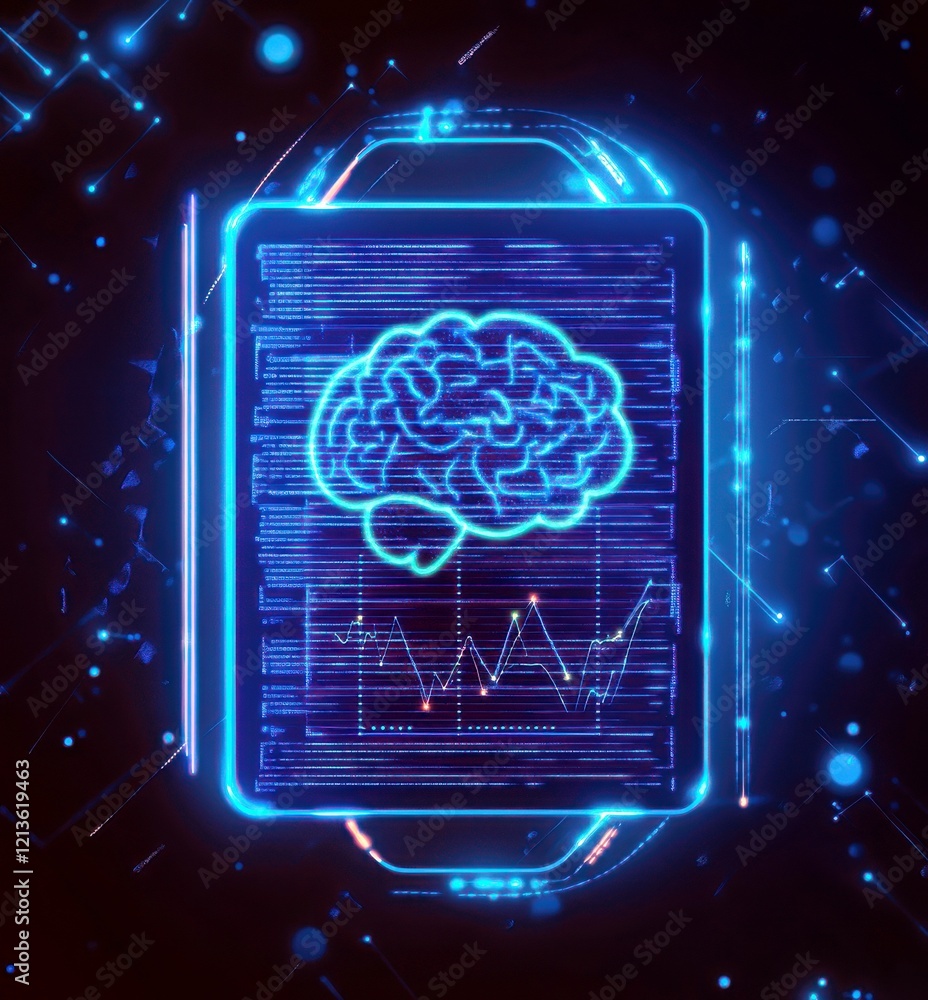 Poster futuristic digital representation of brain connectivity and data analysis displayed on a glowing sma