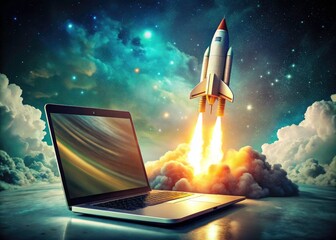 Naklejka premium AI-generated retro-futuristic space launch; a vintage laptop screen explodes with rocket power.