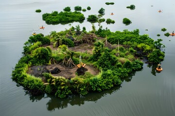 Naklejka premium Illustration of An aerial view of an island with a protective barrier being built by activists, lush greenery reclaiming the land, and a fleet of drones planting seeds and watering plants. Ai Generate