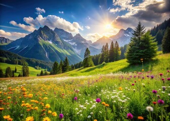 Fototapeta premium Alpine wildflowers burst forth in a breathtaking spring meadow, majestic Alps backdrop.