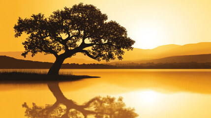 solitary tree reflects in golden sunset lake