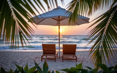 Fototapeta premium A tranquil beach scene at sunrise with two wooden lounge chairs positioned under a white umbrella.