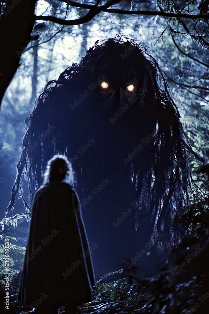 Poster mysterious encounter between human and creature in enigmatic forest setting at dusk, surreal and hau