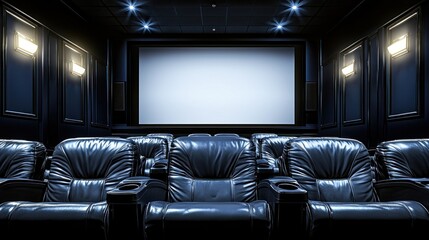 Obraz premium Luxury home theater, dark blue seats, blank screen, recessed lighting.