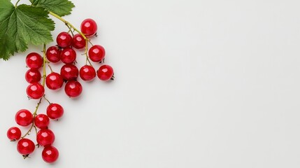 Vibrant Red Currants and Green Leaves on White Background