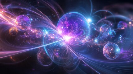 Obraz premium energy beam convergence, radial light streams, neon purple and blue rays, floating luminous spheres, central fusion point, abstract technological burst, premium light effects, dark cosmic background,