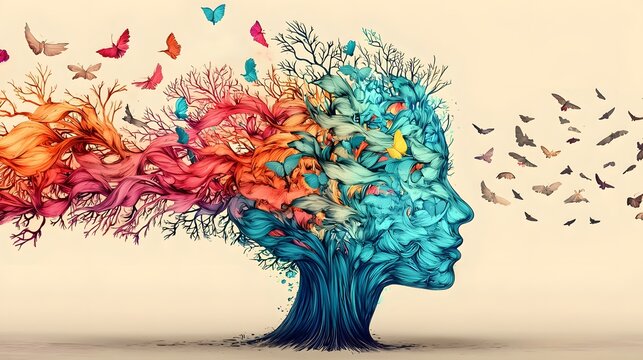 Conceptual digital artwork depicting a human head dissolving into colorful energy waves symbolizing the interconnectedness of thoughts emotions and the journey of self care and personal growth