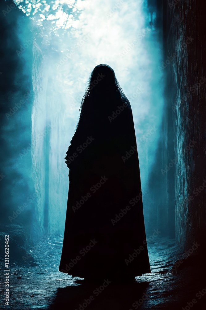 Poster mysterious silhouette of a figure in cloak surrounded by fog in a dark pathway, evoking intrigue and