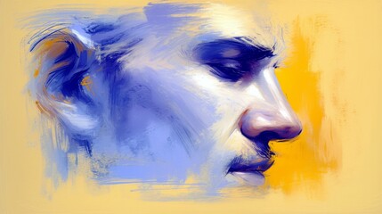 Fototapeta premium Profile portrait of a man with artistic brush strokes in vibrant blue and warm yellow colors, showcasing emotion and expression in a modern style