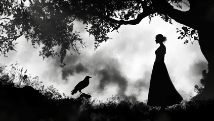 Fototapeta premium Mysterious silhouette of a woman in a flowing gown standing under a tree with a bird watching, creating an eerie yet captivating atmosphere in nature