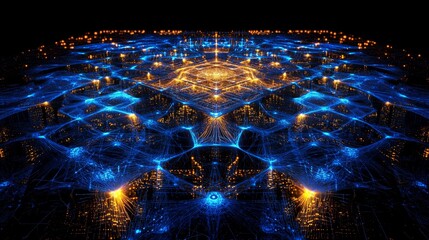 machine learning architecture, illuminated network nodes, layered neural pathways, geometric data structure, dark computational background, blue connection matrices, mathematical grid design,