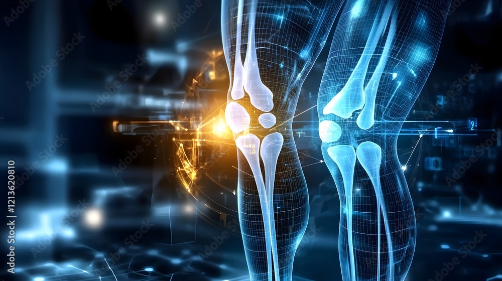 Poster advanced ai powered digital knee scan with glowing overlays showcasing the future of medical diagnos