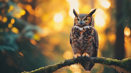 Majestic Great Horned Owl Perched on a Branch Against a Beautiful Sunset Background in Forest, Capturing Nature's Wonder and Wildlife Photography