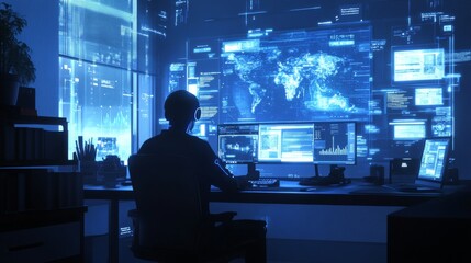 humanoid robot office worker, holographic interface displays, modern workspace setup, cool blue lighting, floating data screens, minimalist desk environment, transparent UI elements, premium 3D