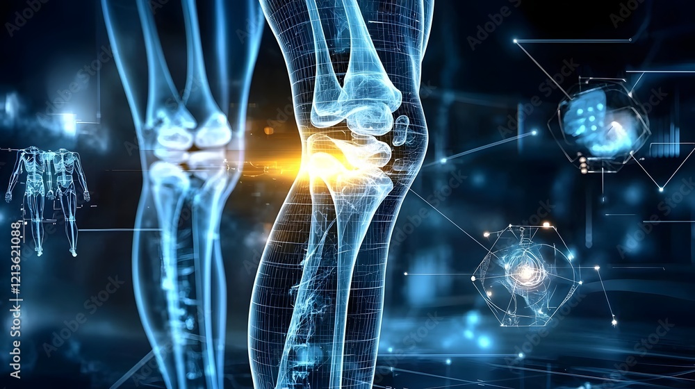 Poster Digitally enhanced knee X ray image showcasing a futuristic healthcare interface with AI powered diagnostic markers and glowing visuals