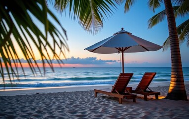 Obraz premium A tranquil beach scene at sunrise with two wooden lounge chairs positioned under a white umbrella.