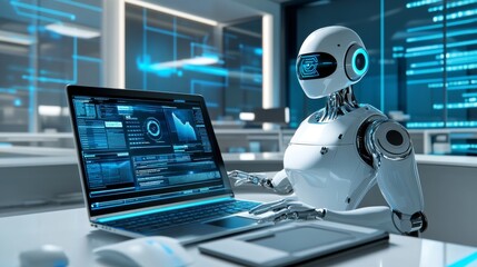 robotic office assistant, interactive hologram dashboard, clean modern workspace, blue tech ambiance, floating information panels, sleek laptop setup, digital workspace visualization, corporate