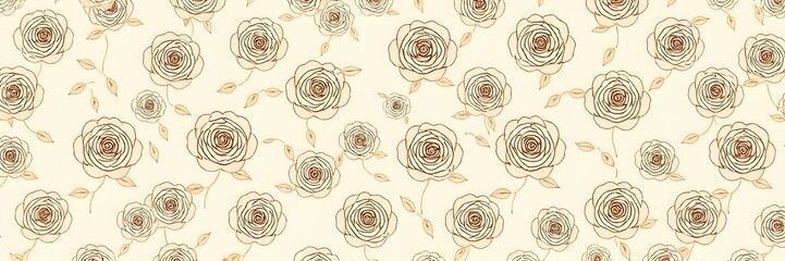 A soft beige background with a repeating pattern of simple, line-art roses in muted gold, creating an elegant, minimalist design
