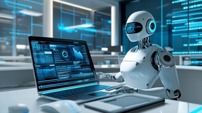 robotic office assistant, interactive hologram dashboard, clean modern workspace, blue tech ambiance, floating information panels, sleek laptop setup, digital workspace visualization, corporate