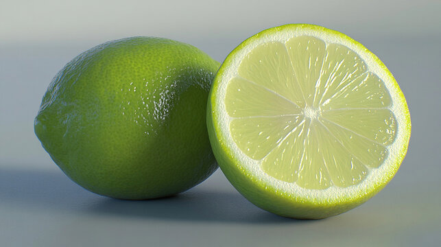 close up of fresh slice green lemons on a white background