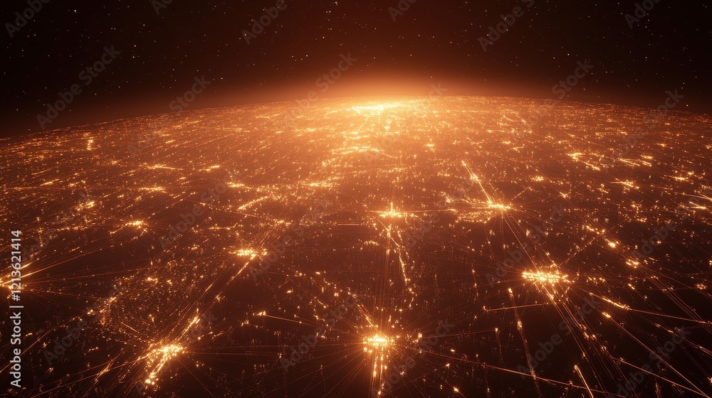 Poster simulation of power grids transmitting electricity over vast distances, showing the efficiency and s