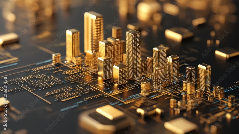 Poster a close-up view of a golden cityscape integrated into a circuit board, blending technology and urban