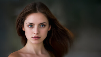 Naklejka premium A beautiful model with auburn hair. Bare shoulders. The woman has pale, flawless skin with natural makeup. Skin care and cosmetics. Outdoors.