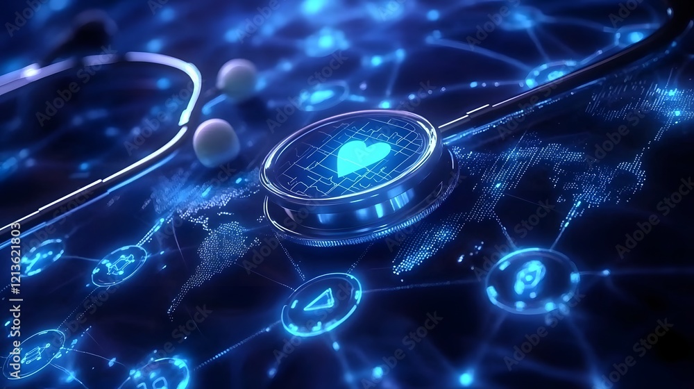 Poster Cutting edge AI driven medical data analysis and visualization interface featuring futuristic holographic elements